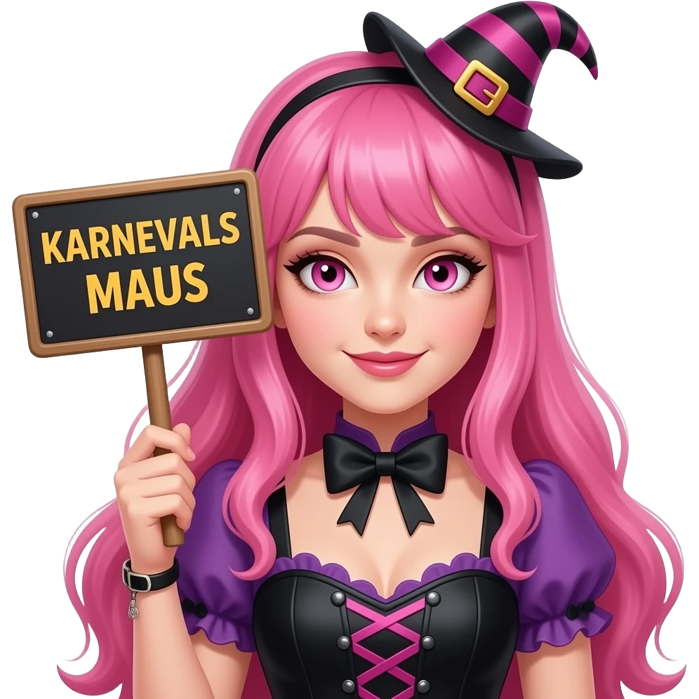 sexy girl with long pink hair and pink eyes wearing a halloween dress holding a KARNEVALS MAUS sign emoji