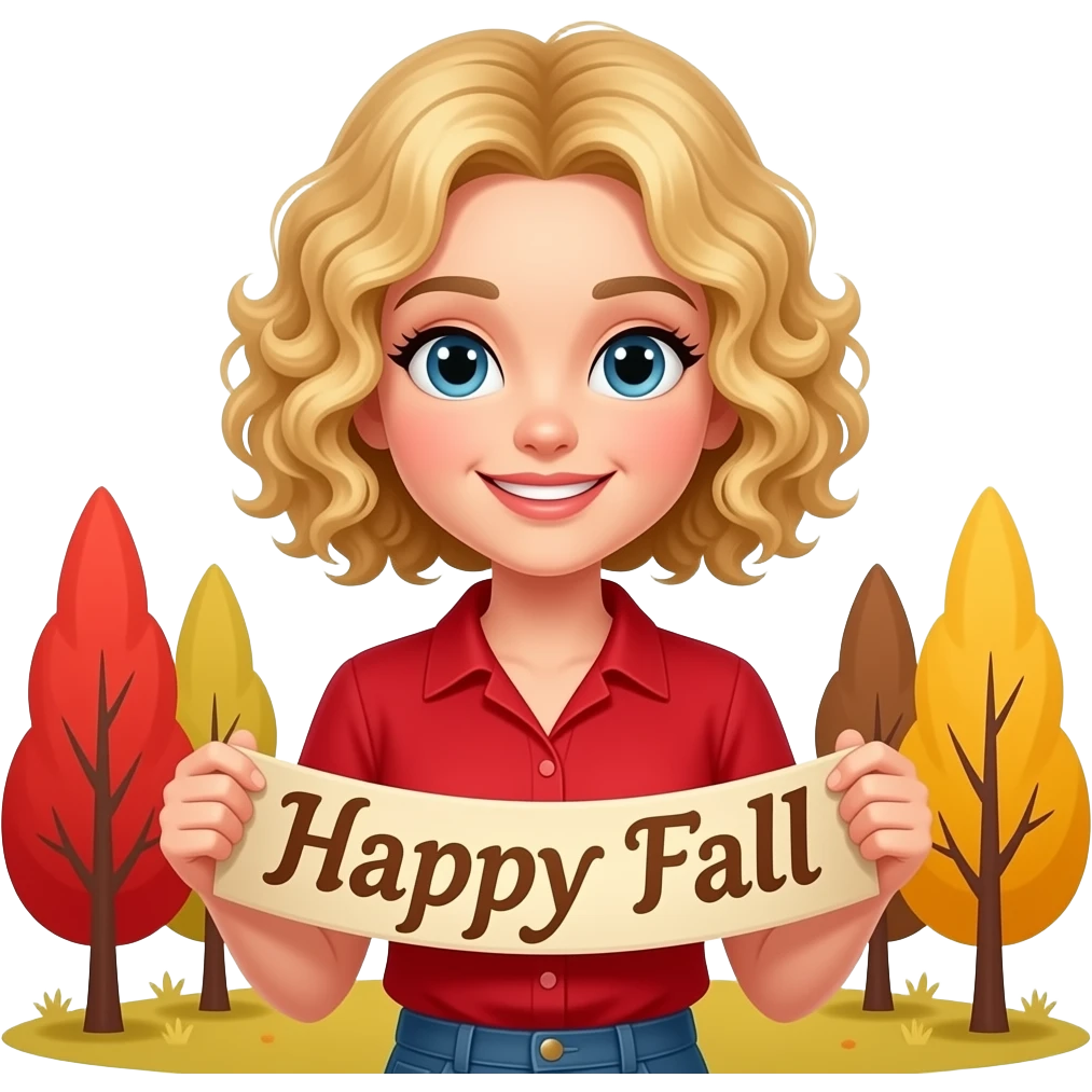 blonde tight curly hair in a short bob Happy Fall banner in a short sleeve red blouse with red, yellow, and brown trees emoji