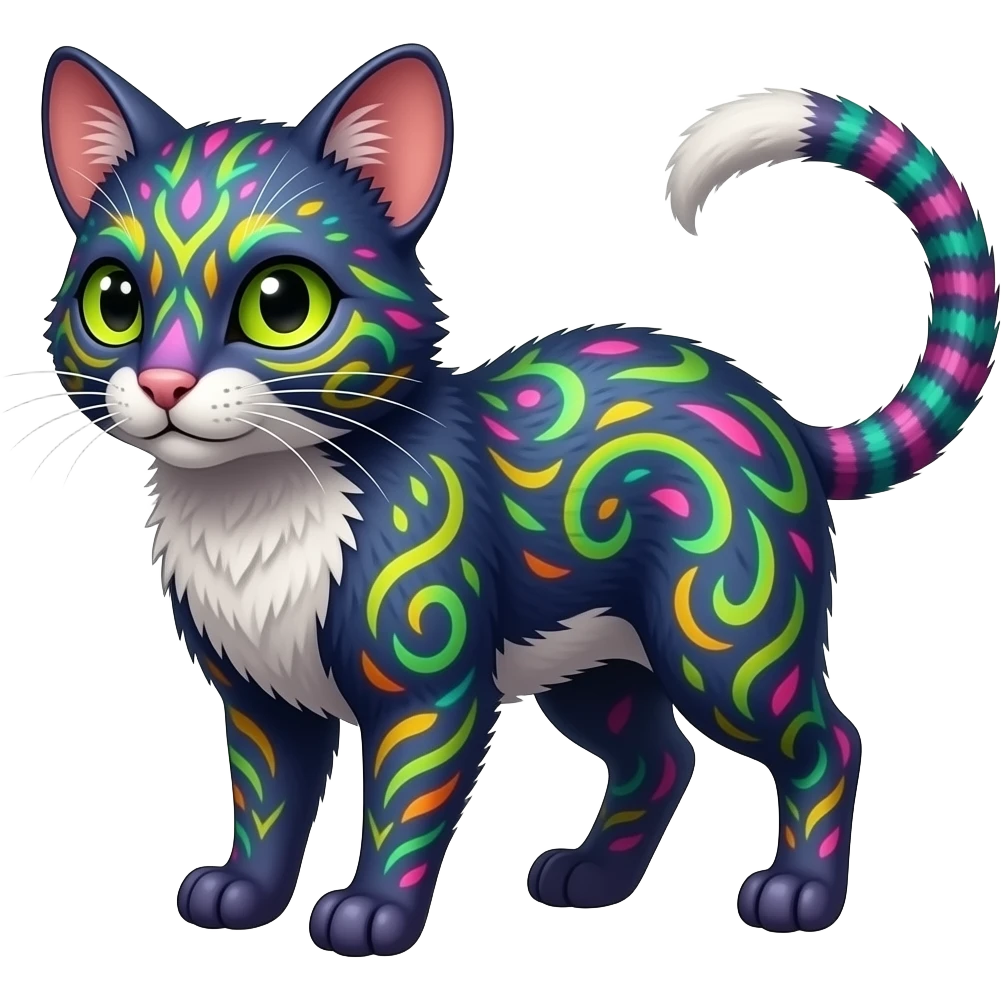 Exotic Neon-colored fantasy feline-rodent-marsupial-critter-vernid-fursona animal creature full body with intricate markings emoji