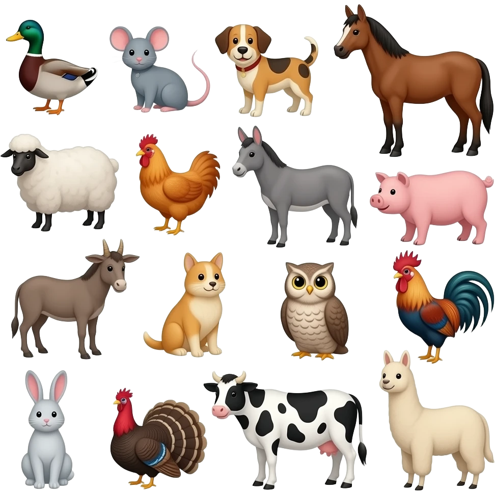 16 farm animals have: Duck, mouse, dog, horse, sheep, chicken, donkey, pig, goat, cat, owl, rooster, rabbit, Turkey, cow, and llama emoji