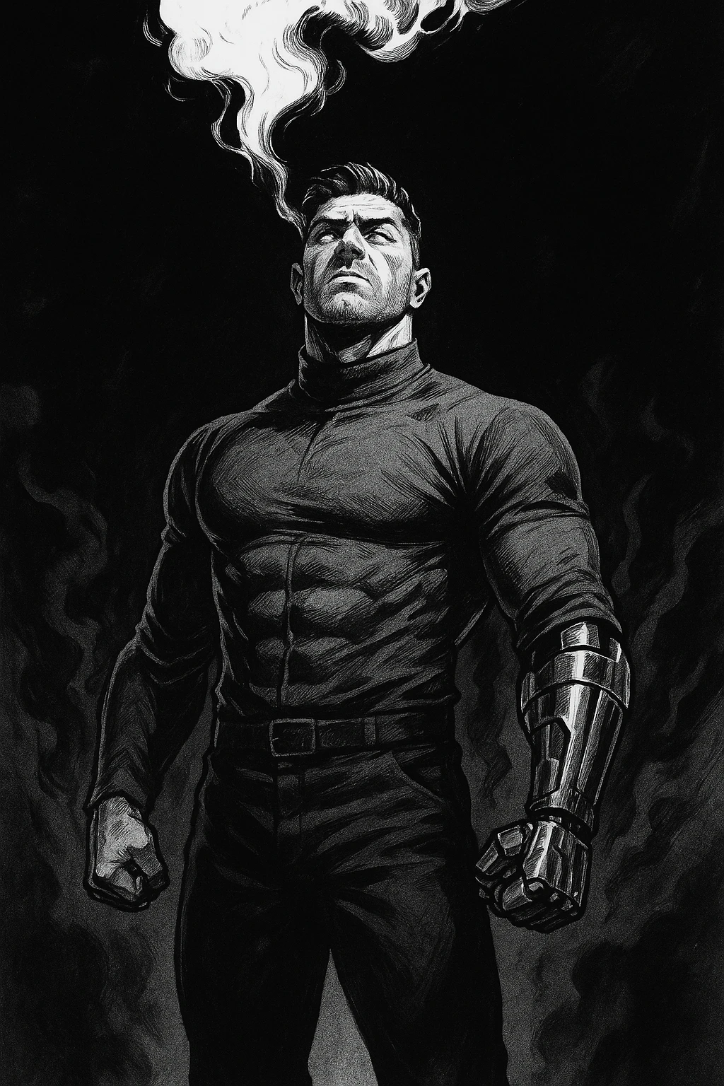 Black and white comic book panel of an extremely muscular Italian man with cybernetic implants standing in the dark, surrounded by smoke. He is wearing a long-sleeved shirt with a high collar, and his chest is sculpted. emoji