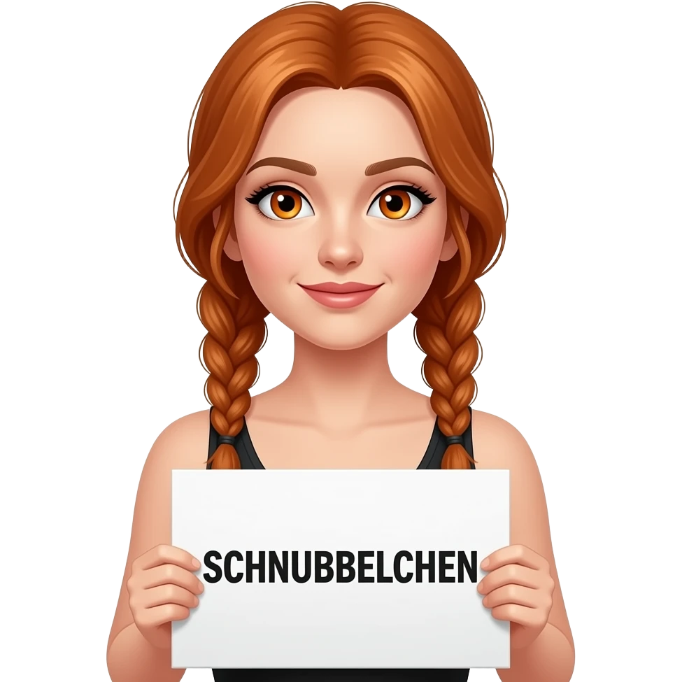 sexy girl with long ginger braids and ginger eyes wearing a black tanktop is holding a white sign with SCHNUBBELCHEN written on it emoji