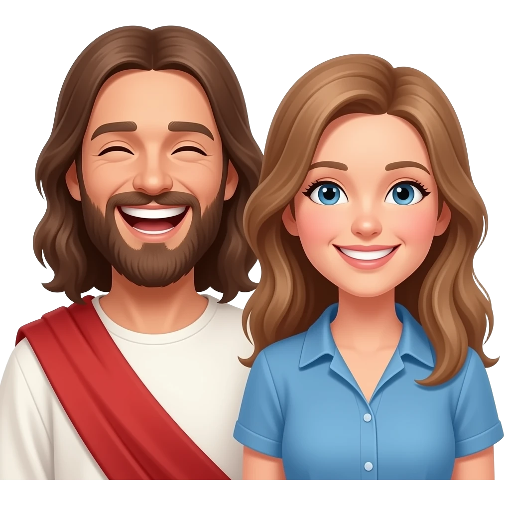 Jesus laughing hard with a modern day woman with light brown hair with smiles on both their faces emoji