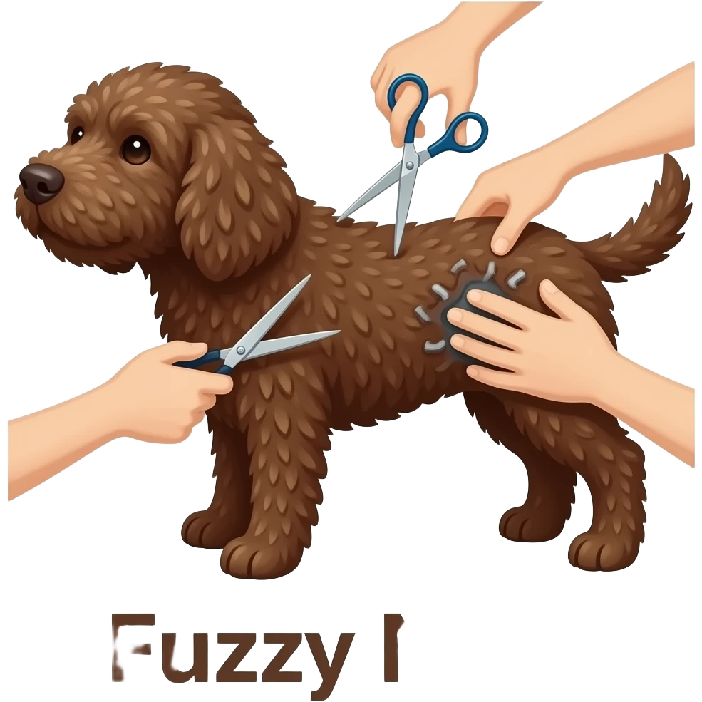 Сделай собаку породы лаготто раманойло ( она должна быть коричневая) и она должна быть на грумминге (давай изобразим груминг, как ножницы). И снизу должно быть название: "Пушистый нос" emoji