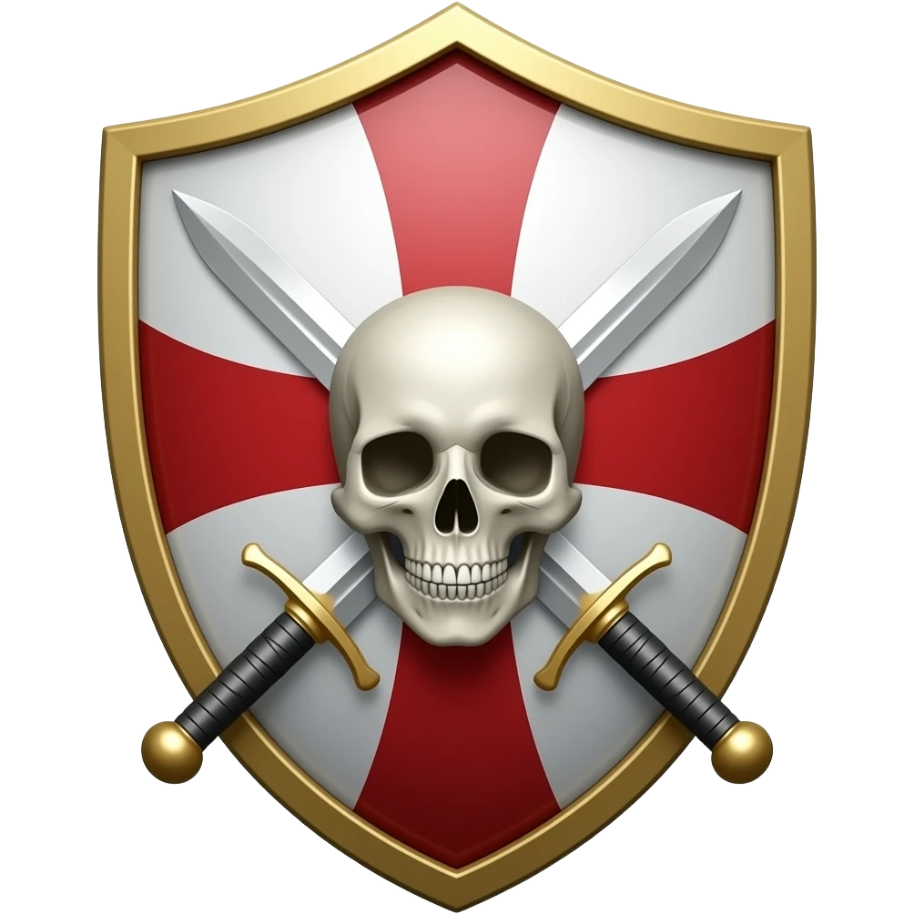 Templar cross on shield with swords in middle and Skull emoji