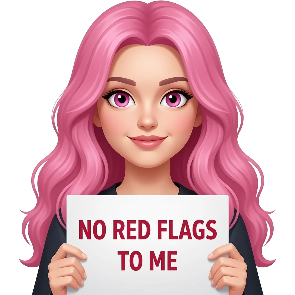 sexy girl with long pink hair and pink eyes wearing a holding a NO RED FLAGS TO ME sign emoji