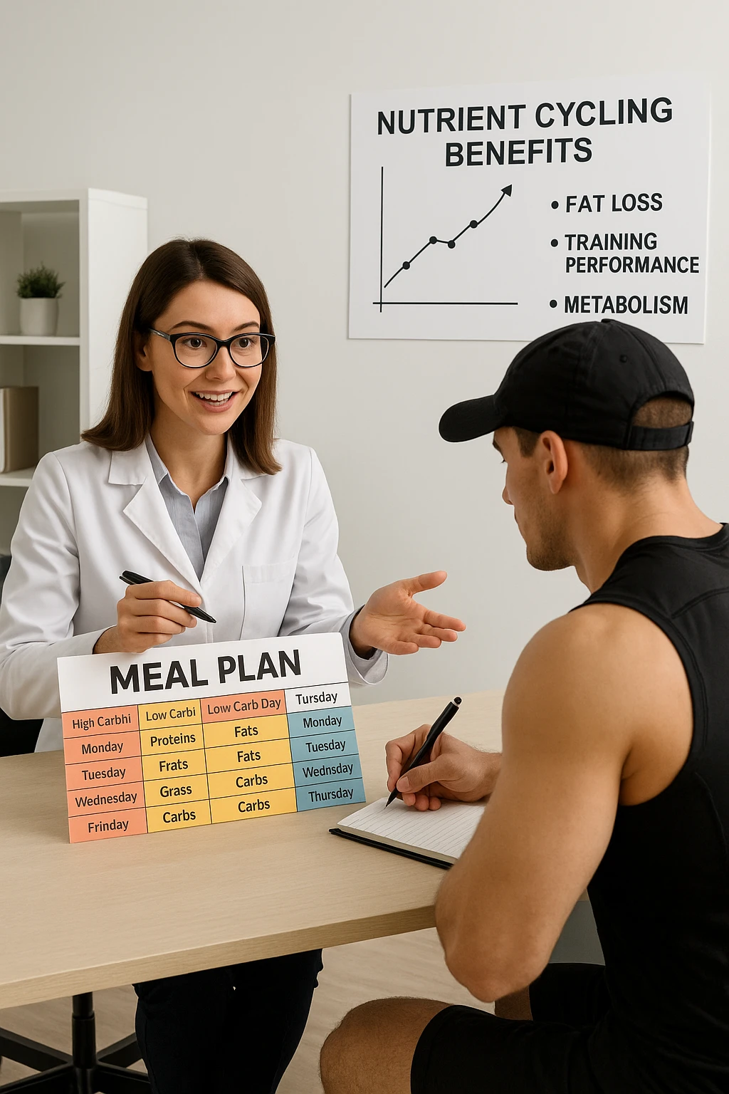 a nutritionist explains to an athlete how to cycle macronutrients for fat loss and training. On the desk, a weekly meal planner shows alternating high-carb and low-carb days, with color-coded sections for proteins, fats, and carbs. The athlete takes notes, and a chart in the background illustrates the benefits of nutrient cycling. The mood is professional and educational. scritto in italiano emoji