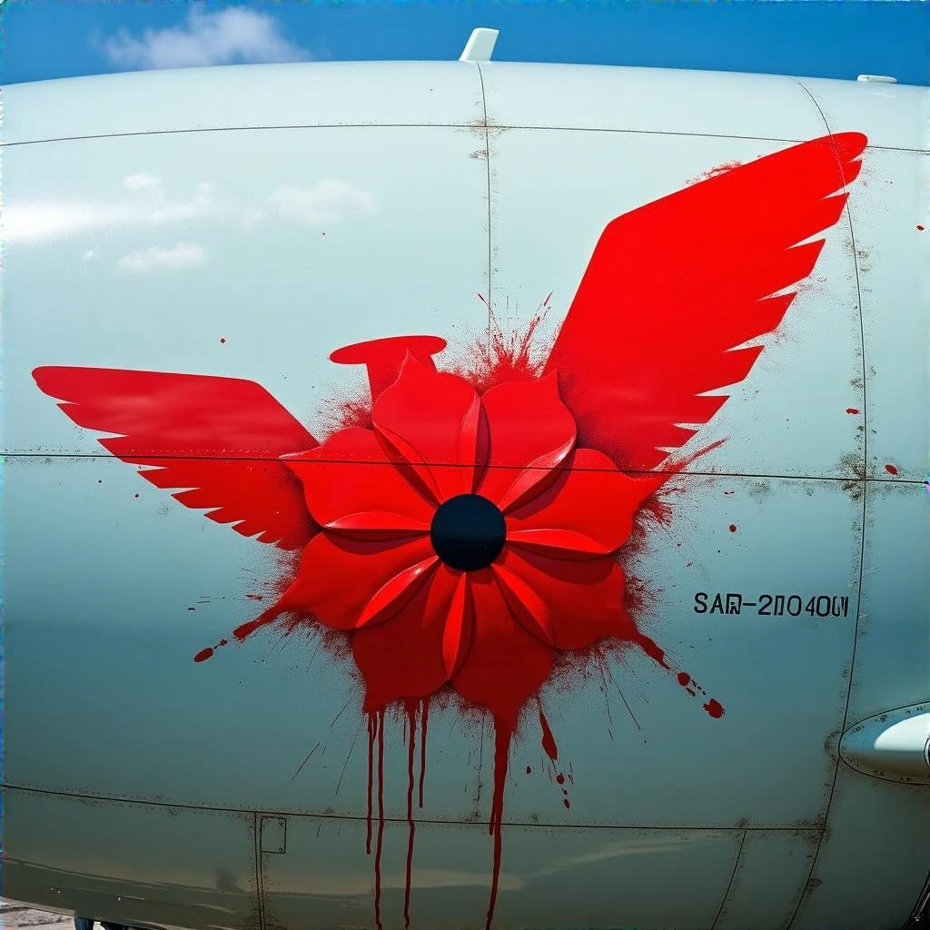 a red flower flight insignia, splashed in red paint across the side of a space jet fuselage emoji