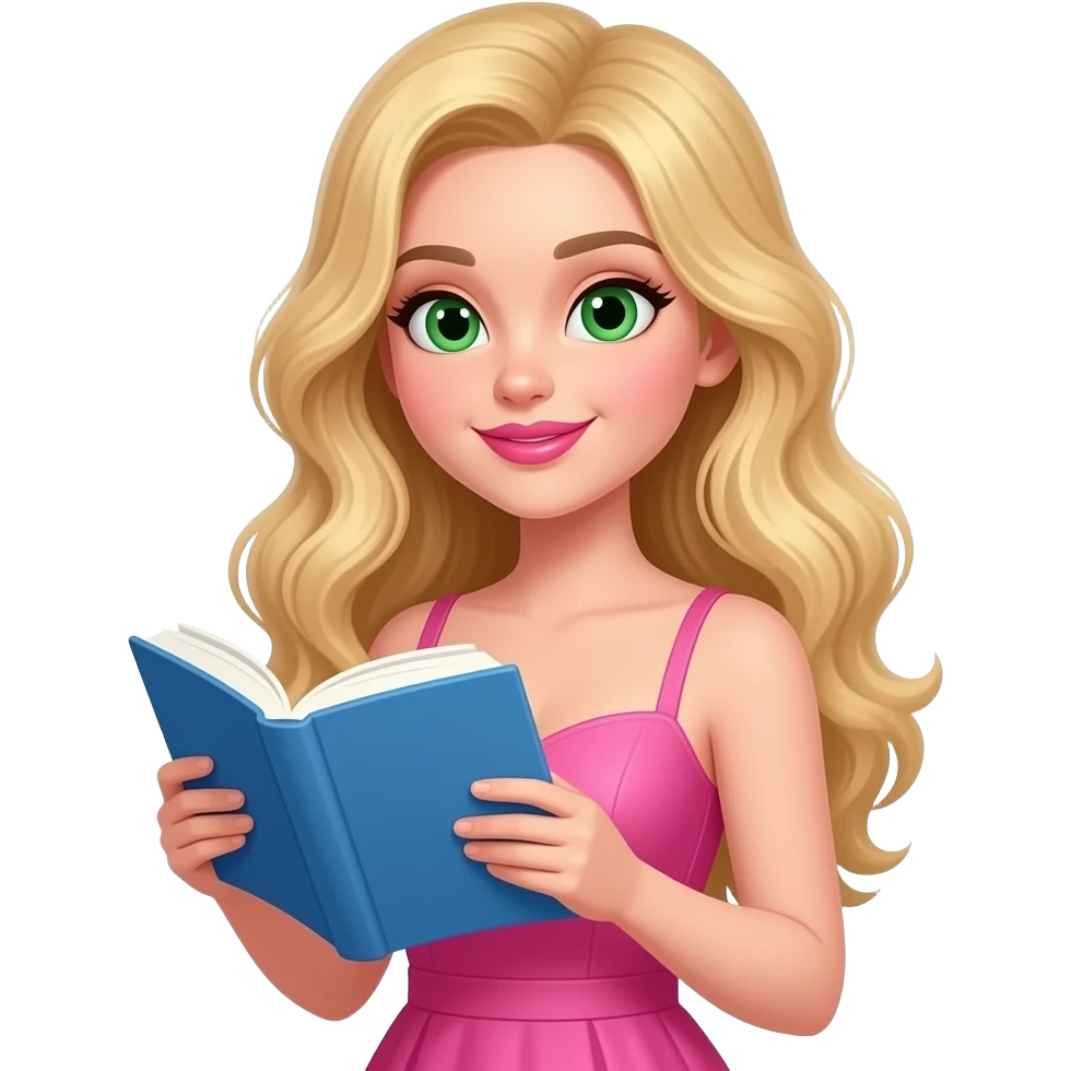 White girl, green eyes, very long wavy blonde hair, pink lips, sexy pink dress, reading a blue book with white pages. emoji
