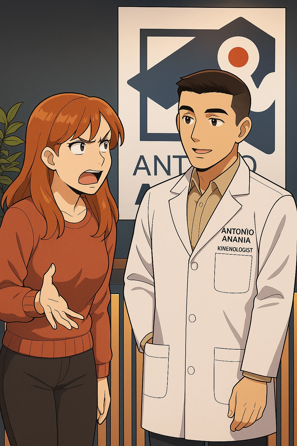 su questo stile fai un manga/webtoon a colori in cui una donna che parla esasperata dal suo problema, l'uomo della foto in stile manga gli risponde, mantieni un ambiente simile alla foto che ho allegato con il suo logo (sarebbe il suo studio, lui è un kinesiologo), scrivigli "ANTONIO ANANIA" sul camice bianco, non mettere fumetti, ma fai in modo che sembri che la donna chiede una cosa e l'uomo risponde alla sua domanda emoji