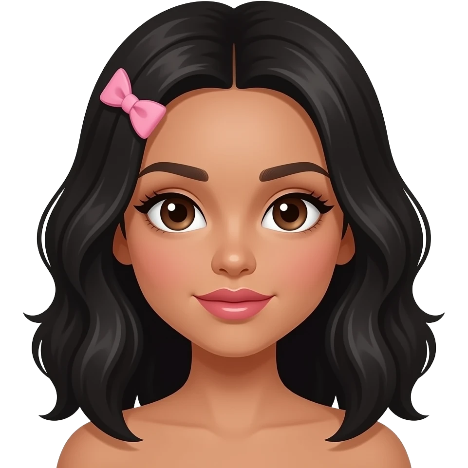 Pretty girl with really light brown skin with black wavy hair,her lips are nude pink and her eyes and dark brown her hair should be chest length and she should have a pink bow on her side of the head like a clip not a hairband,the skin should be really light brown and her should be bigger emoji