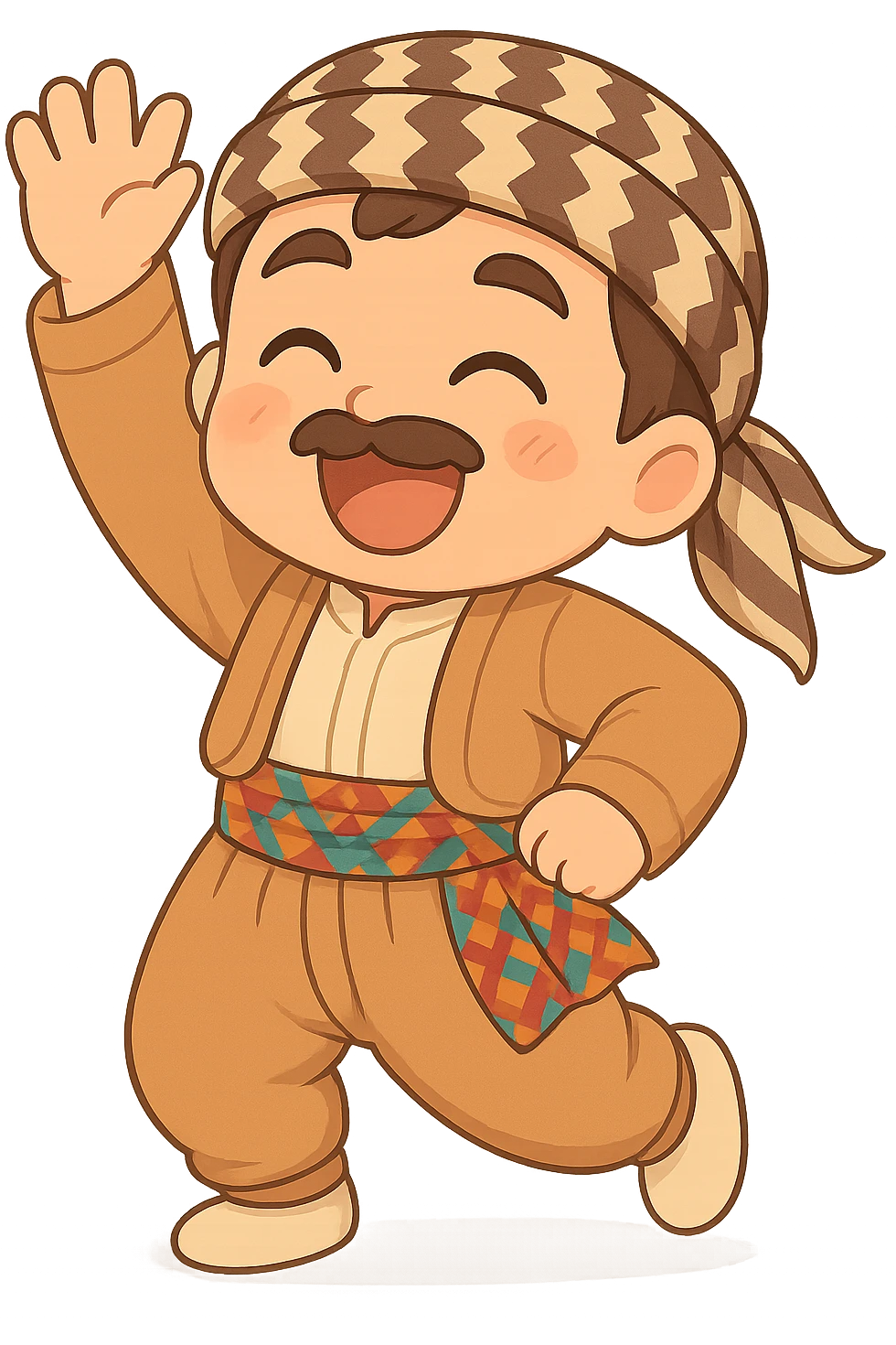 Create a chibi Kurdish cartoon sticker based on the reference image, showing a greeting (waving hello) expression, with a transparent background. emoji