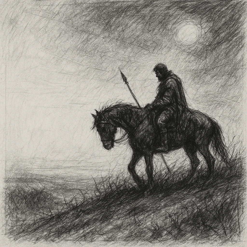 black and white pencil sketch, 1:1 ratio, inspired by a warrior's final ride. Right side: lone contemplative rider on restless horse atop windswept hill under heavy sunless sky. Left side open and uncluttered for poem text. Somber landscape with hints of grass, vines, passage of time, evoking legacy, peace, returning to earth. No text in image. emoji
