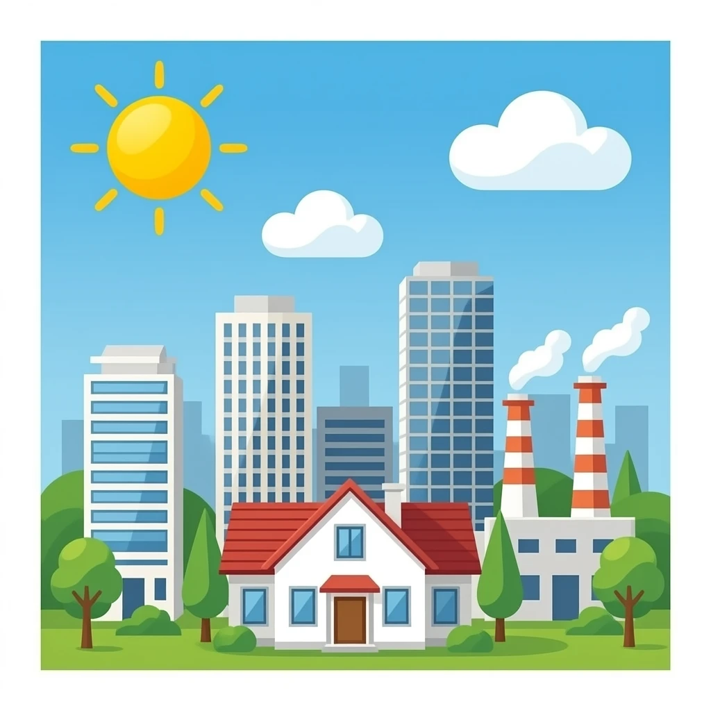 a house and tall office buildings and a factory upon a simple white  background emoji