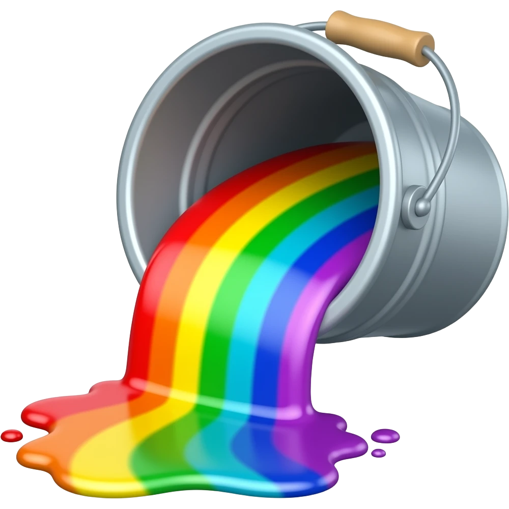 bucket with rainbow paint pouring out of it; have the bucket be tilted at 45 degrees as a 2D emoji; as if someone is pouring paint onto a surface emoji
