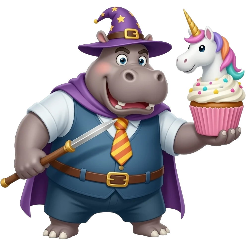 fat hippo wizard attacking unicorn cupcake emoji