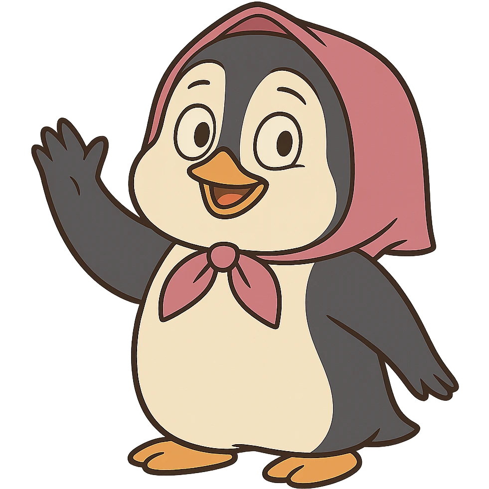 penguin character inspired by Masha and the Bear, waving emoji