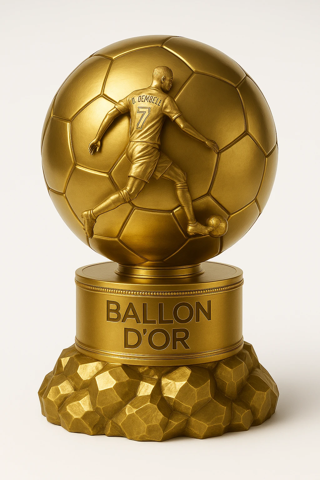 Replace the footballer silhouette on the Ballon d'Or trophy with Ousmane Dembélé's signature silhouette in a dynamic dribbling pose. Keep a stylized cartoon gold look with sparkles and a simple background. emoji