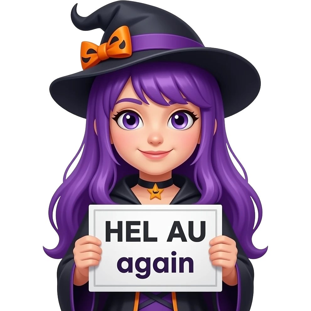 girl with long purple hair wearing a halloween costume holding a HELAU again sign emoji