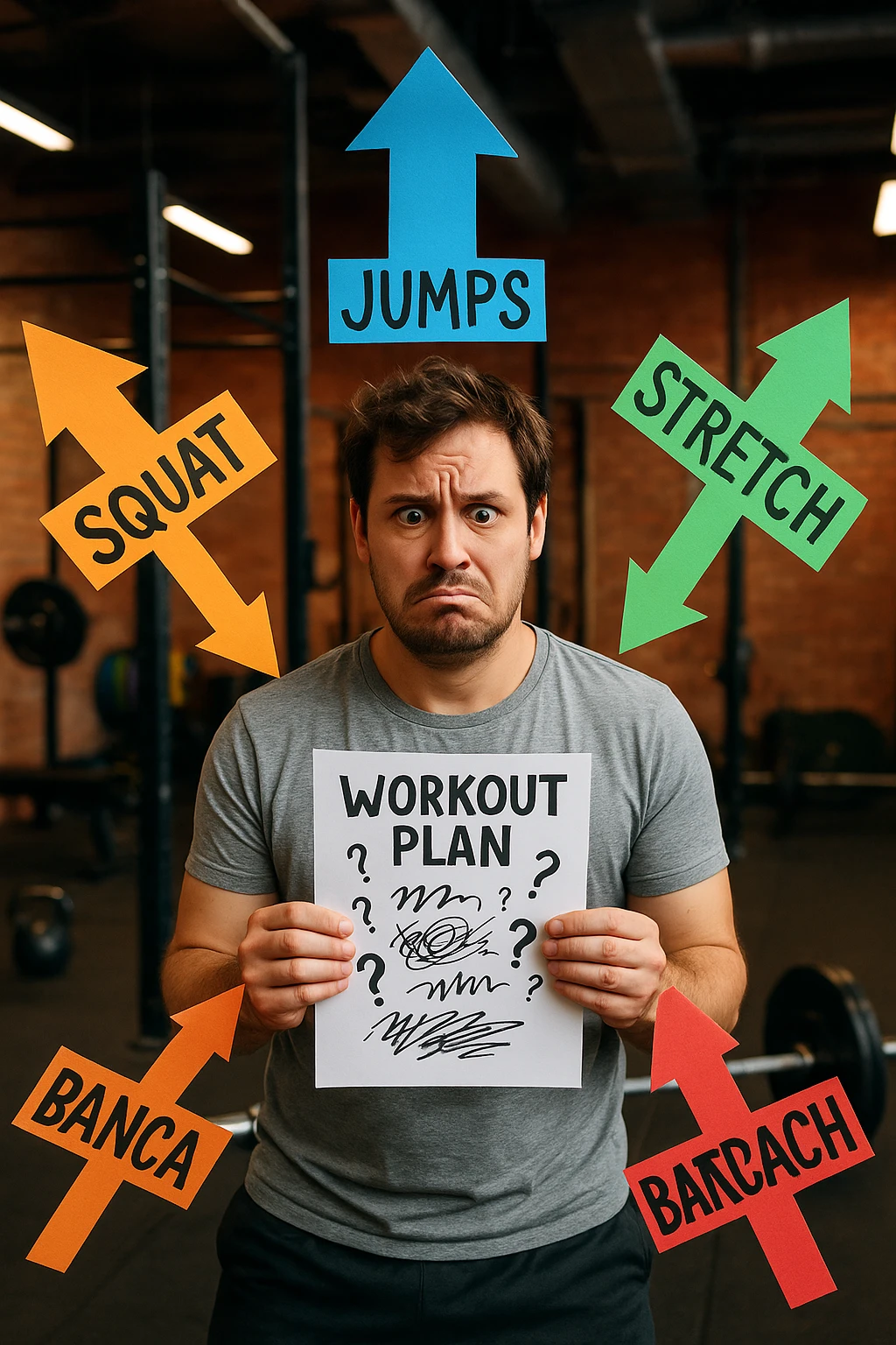 a person stands in the center of a gym, surrounded by arrows pointing in all directions, each labeled with a different exercise (e.g., “squat,” “Salti,” “stretch,” “Panca Piana”). The person looks bewildered, holding a workout plan with scribbles and question marks. The scene is colorful but visually messy, symbolizing confusion. in italiano immagine iperrealistica emoji