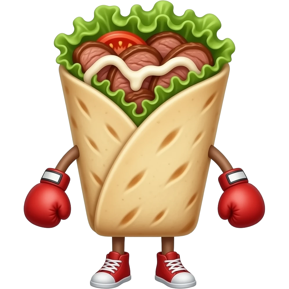 Doner kebab emoji in an open flatbread (not wrapped like a dürüm), visible filling with layered meat slices, lettuce, tomato and sauce, bread folded but open at the top, small boxing gloves, no arms or legs, clean glossy emoji style emoji