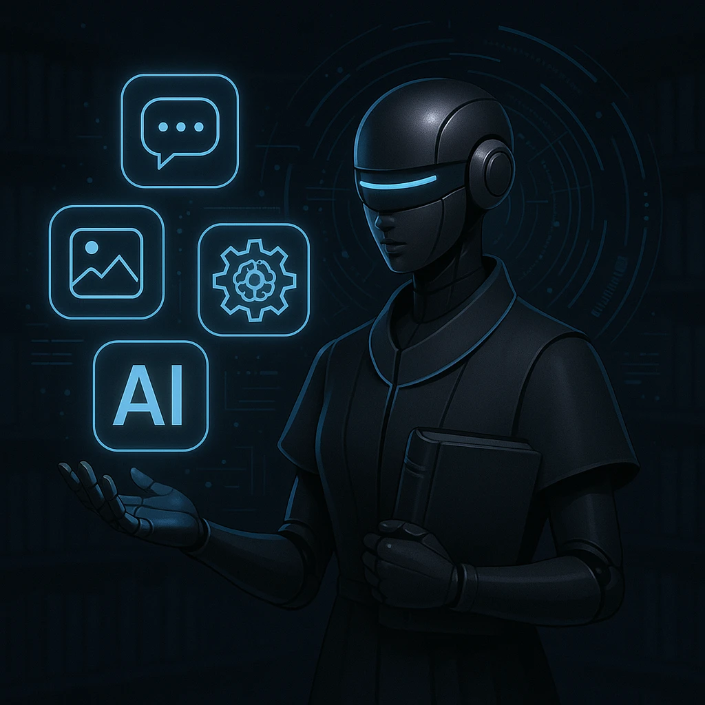 sleek robot librarian in dark mode, holding floating AI tool icons, with a holographic interface and minimalist tech outfit emoji