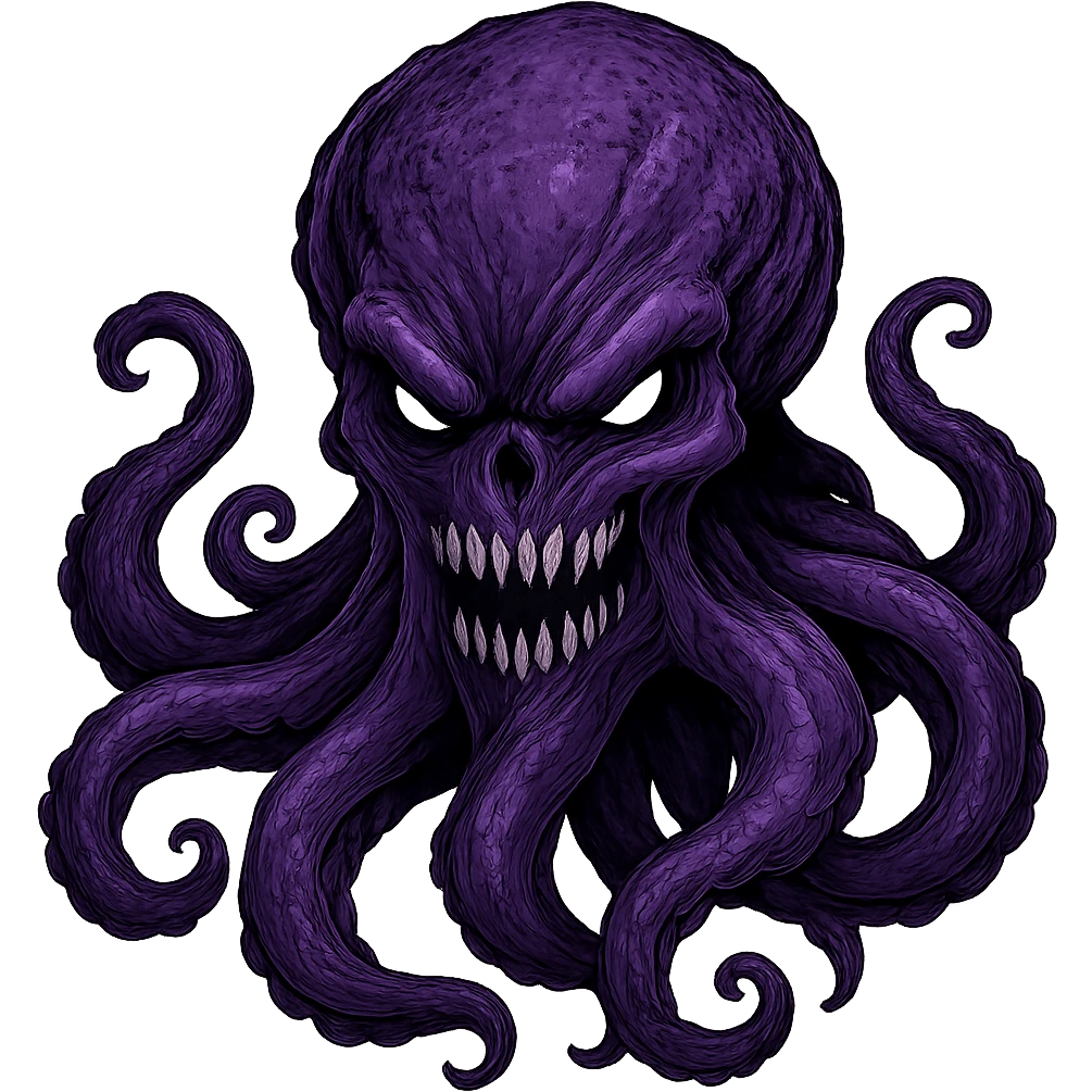 Remove the nose, make the octopus look scary, keep the purple color, with no background. Maintain the original style and details of the octopus while making it look scary and purple. emoji
