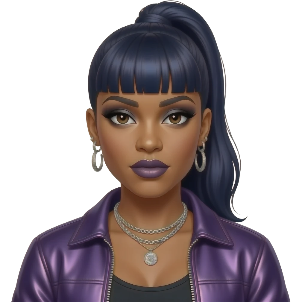 Missy Elliott with dark brown eyes, dark indigo high ponytail bang hair, black eyeshadow and lipstick, dark purple metallic hip-hop outfit, necklace and earrings emoji