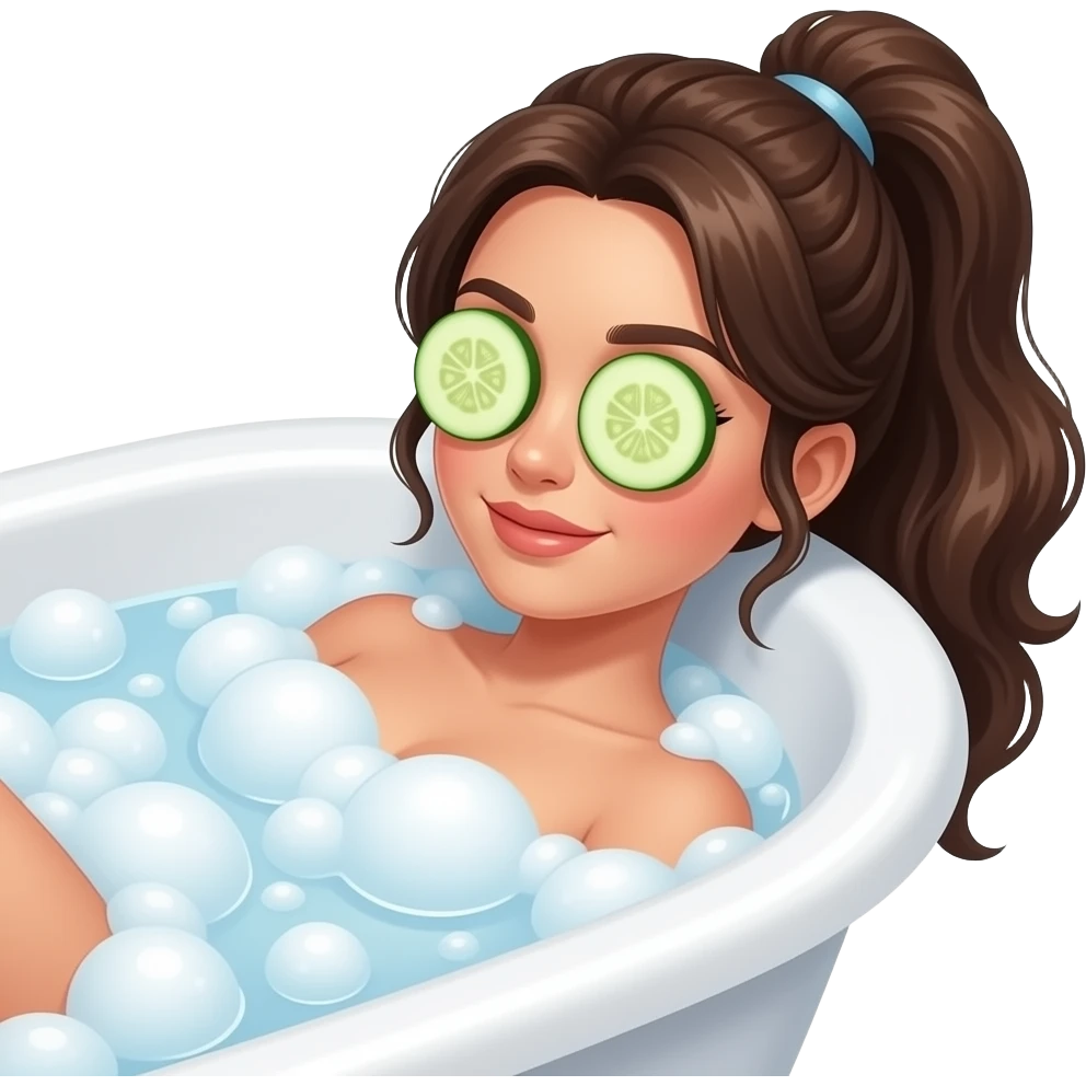 girl with wavy long ponytail dark brown hair, brown eyes, light to medium complexion,-long-lashes, lying full body in a white bathtub-with-bubbles. She has cucumbers on her eyes emoji