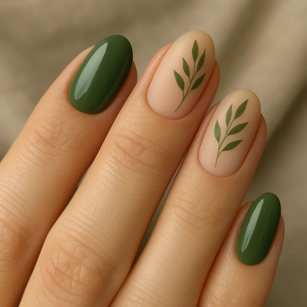 green nails with leaves emoji
