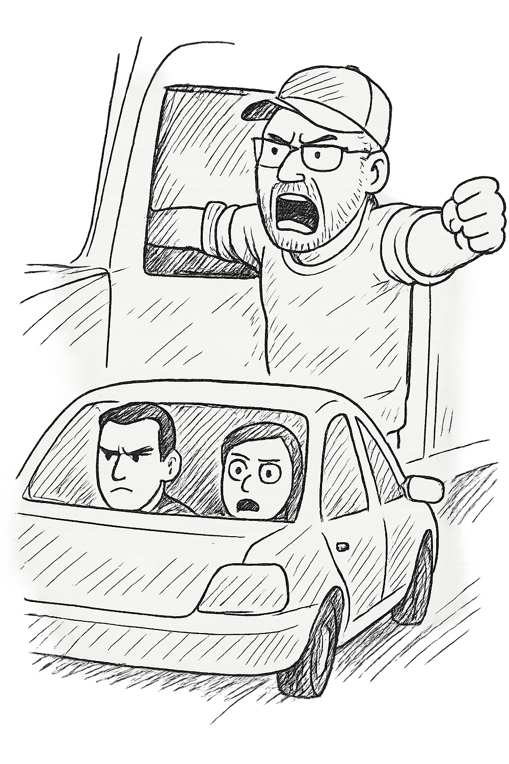 Remove the background to make the image transparent. Keep the angry, bald truck driver with glasses, orange shirt, and baseball cap, arm out the window, and a person in the car in front. emoji
