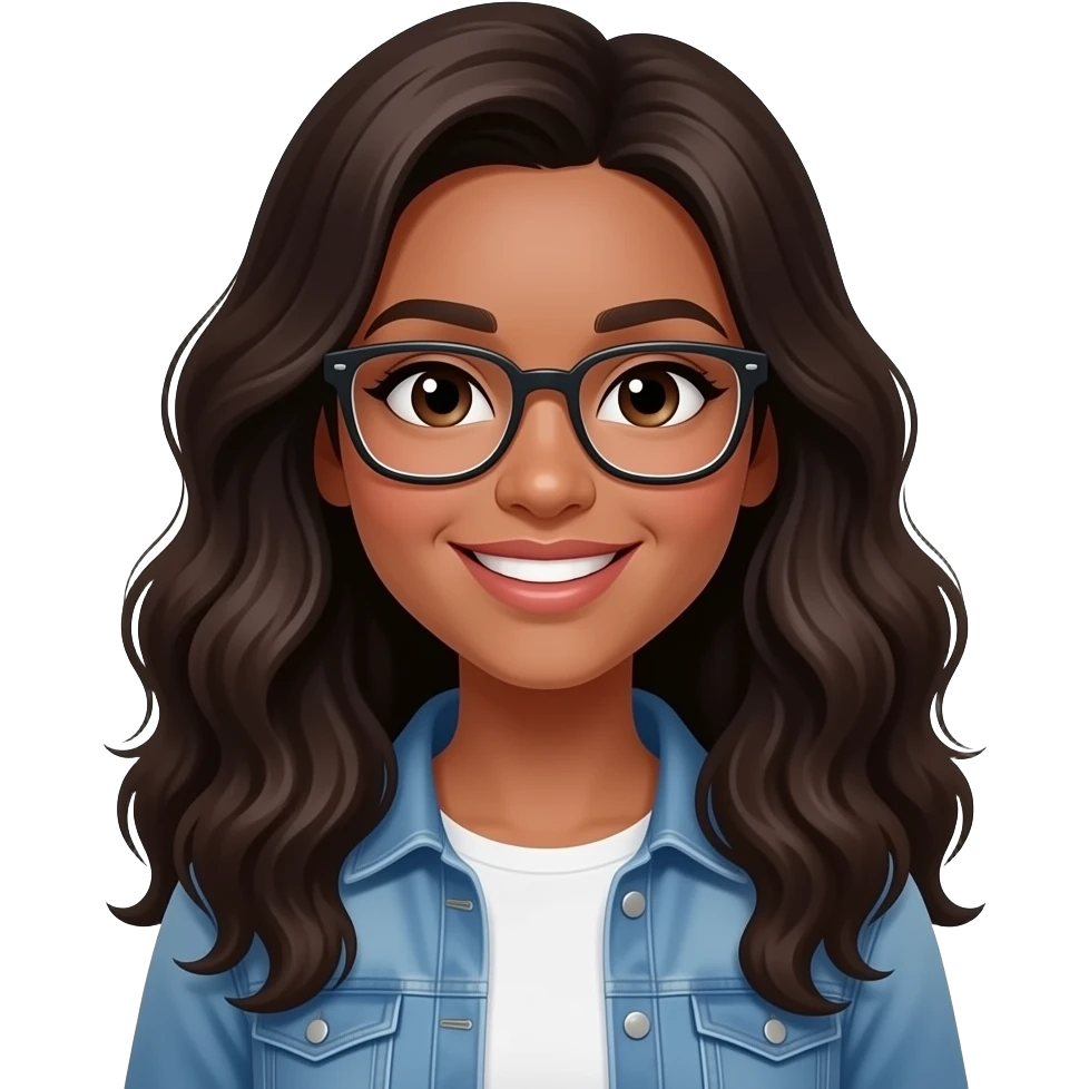 young woman, medium-dark skin tone, long wavy dark hair, glasses, casual clothes, smiling, confident emoji