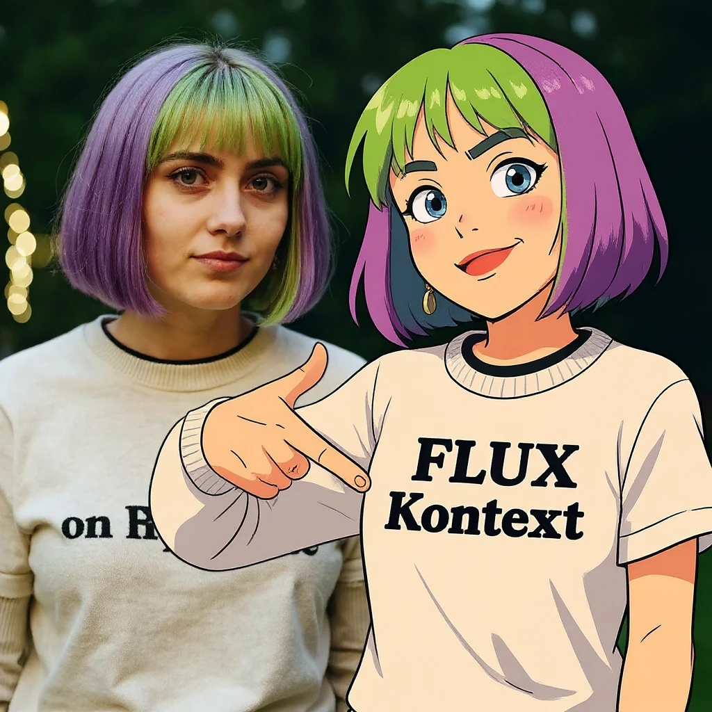 make a image of a girl with a anime version of that girl beside her wearing tshirt with text of just "FLUX Kontext" nothing else emoji