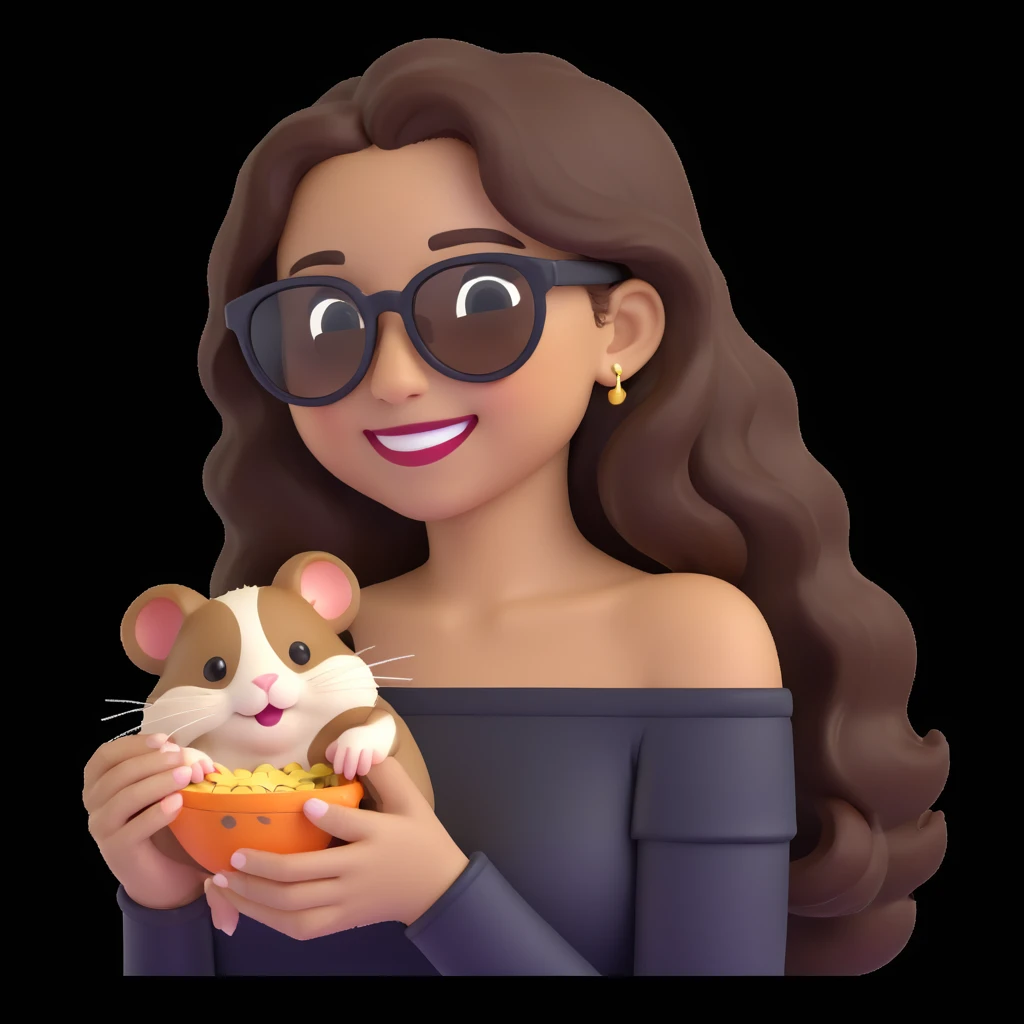 modern clean cheerful emoji of a young woman with medium skin tone, long wavy dark brown hair, black off-shoulder top, smiling warmly, playful hamster with tiny round sunglasses on her shoulder munching a seed, soft neutral gradient background, charming confident style emoji