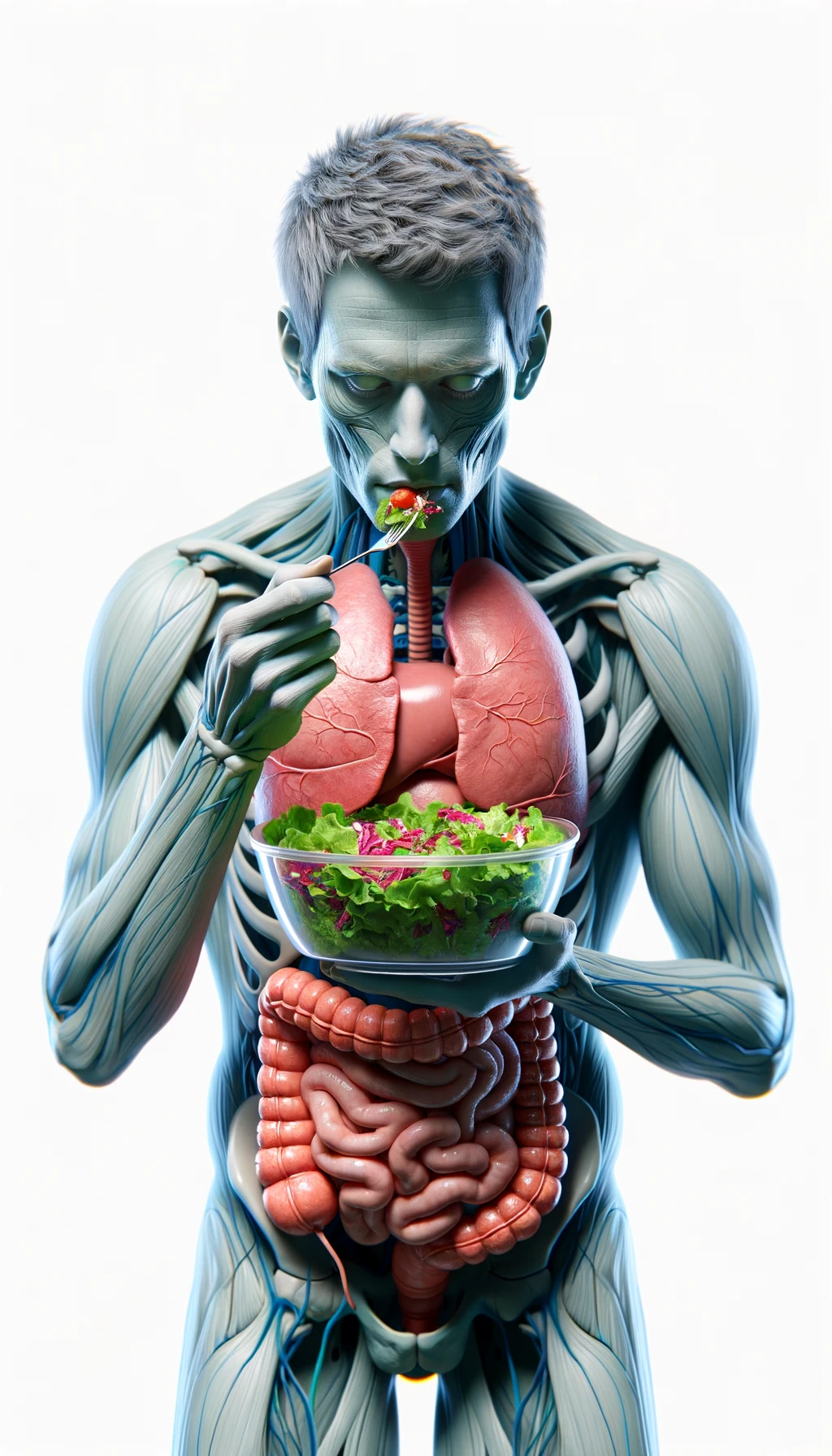 corpo umano anatomico con intestino in evidenza mentre mangia un'insalata con espressione neutra in volto, iperrealistico 4k, isolato su sfondo bianco emoji