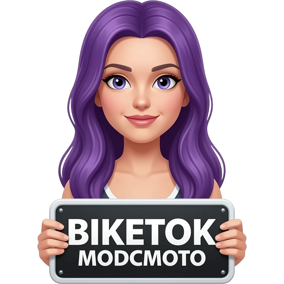 sexy girl with long purple hair holding a BIKETOK MODCMOTO sign emoji