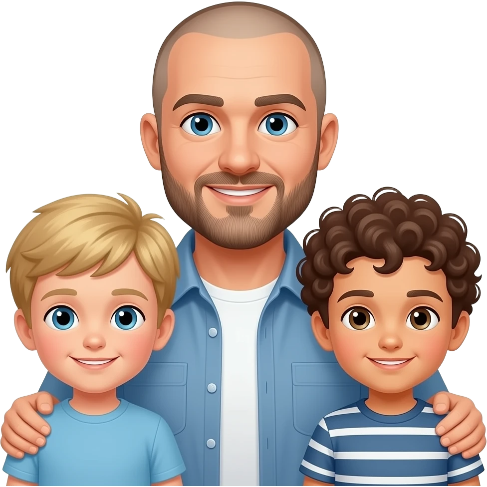 father shaved hair  bearded with two male child one blond and one curly brown hair emoji