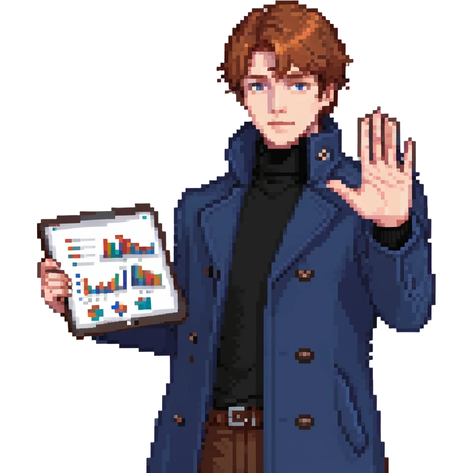 Flat pixel art, bold and charismatic male leader, Caucasian, short auburn hair, sharp eyes, wearing indigo coat over black turtleneck, one arm raised giving direction, holding tablet with graphs, waist-up, front-facing emoji