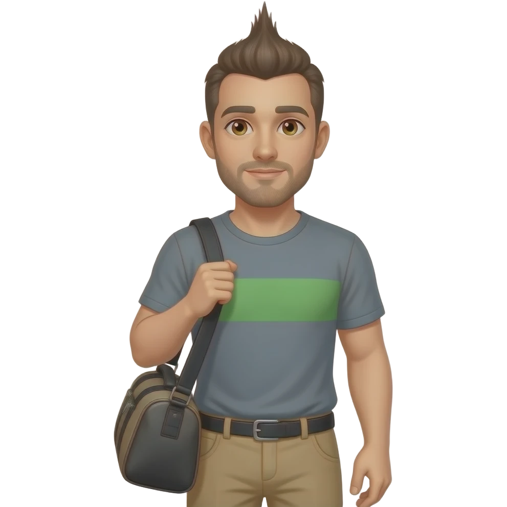 Un hombre de ojos color miel con café claro, con pantalón color beige, playera color gris con franja color verde a la altura del pecho, cabello color oscuro peinado hacia arriba tipo mohawk, cargando un costal en el hombro emoji