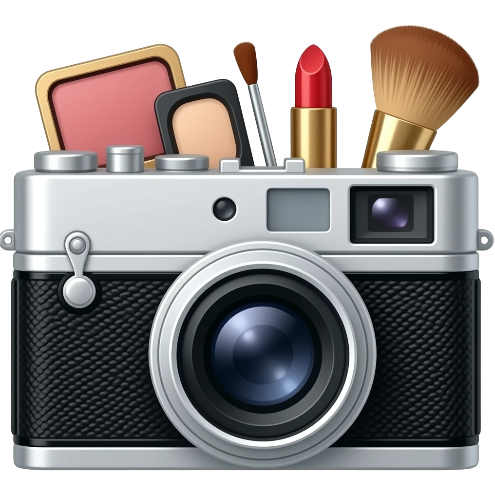 composition of make-up accessories with vintage photo-camera emoji
