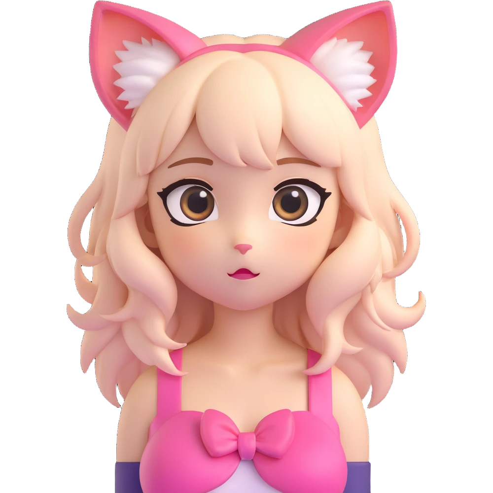 cute 3D anime cat girl, big eyes, pastel colors, playful expression, cat ears, soft hair, kawaii style emoji