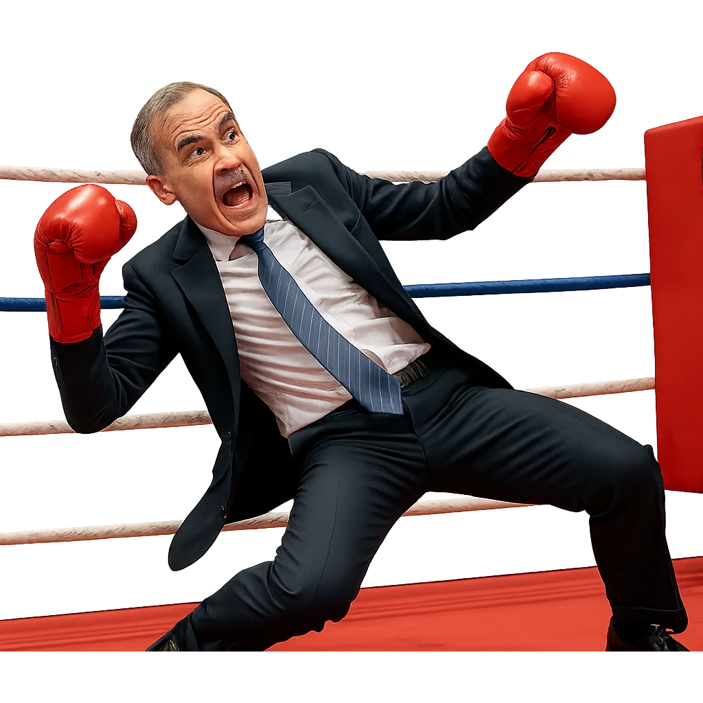 Mark Carney, former Bank of England governor, performing a boxing rope-a-dope move, energetic pose, gloves up, in a boxing ring, expressive face, business attire with boxing gloves, dynamic action, clear background emoji