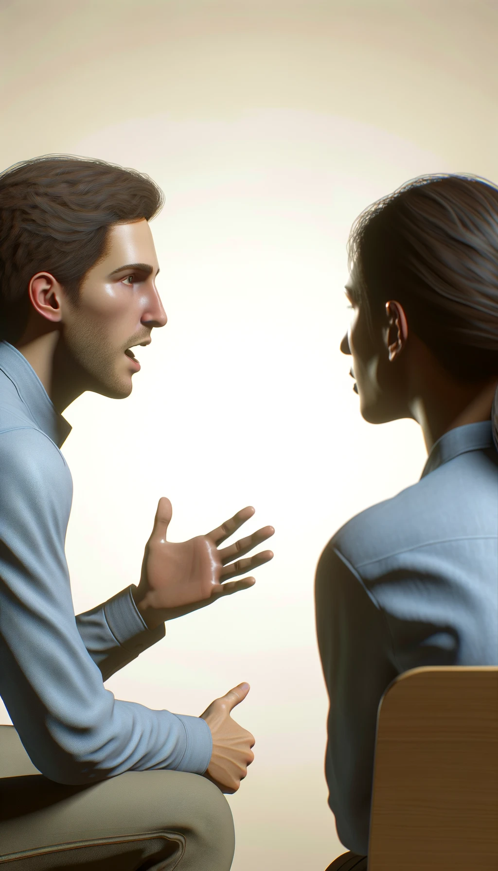 una persona parla e un altra persona di spalle lo ascolta, immagine iperrealistica 4k, sfondo chiaro emoji