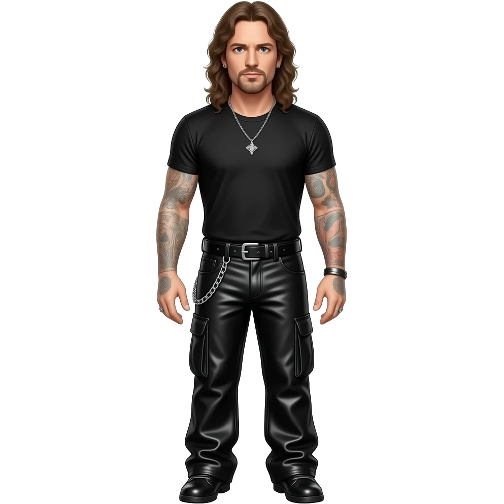 James Hetfield with black metallic sleeves shirt, black metallic baggy pants with chain, necklace emoji
