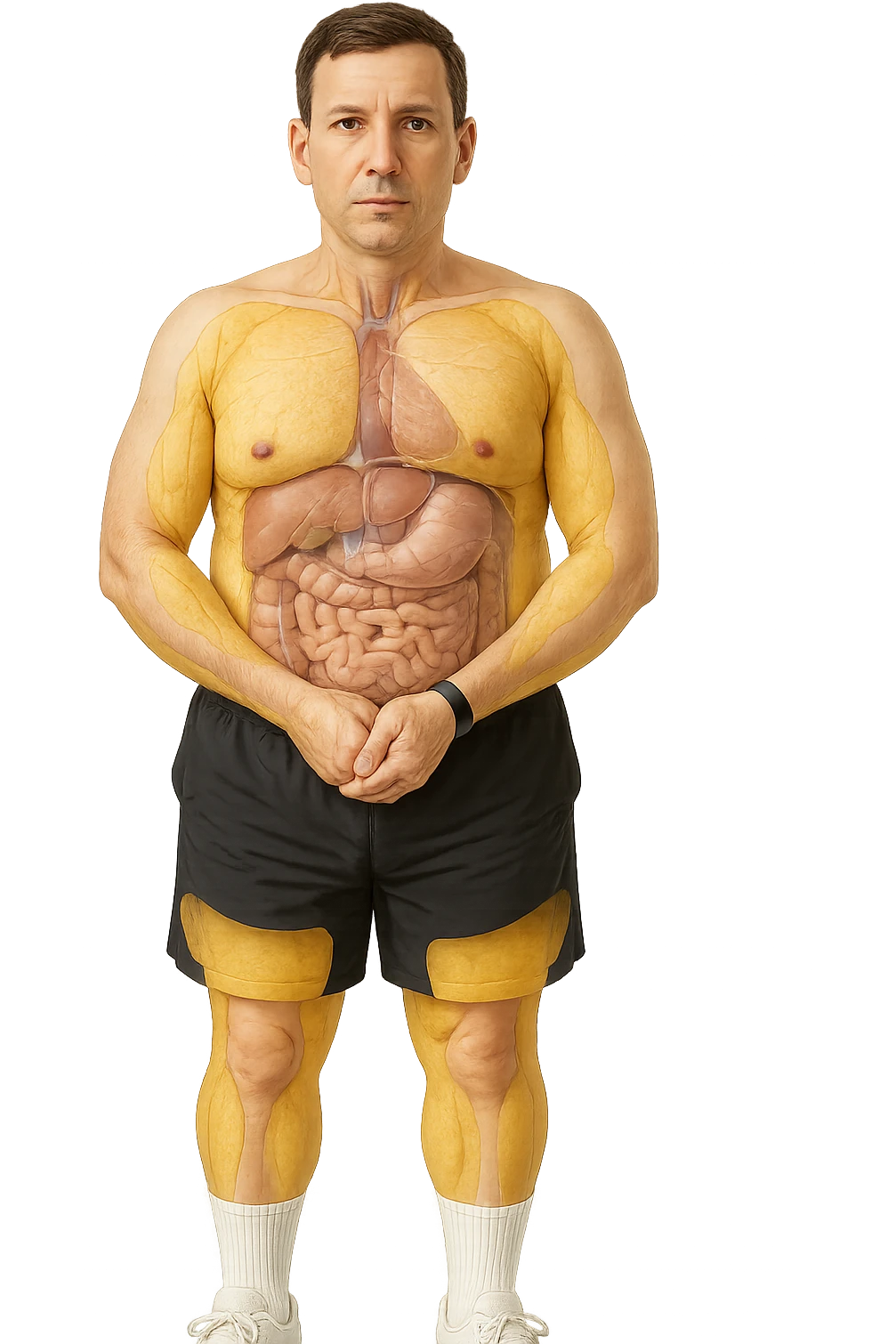 a middle-aged man stands in a clinical setting, with semi-transparent overlays highlighting areas of excess body fat accumulation—such as the abdomen, chest, and thighs. The fat tissue is shown in yellow, contrasting with underlying muscles and organs. The man’s expression is neutral, and the background is clean and modern, emphasizing the educational aspect. senza scritte emoji