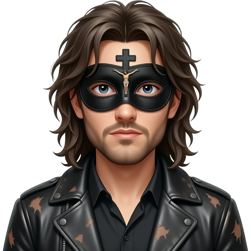 Portrait by Joel-Peter Witkin, wearing a small black Venetian Masquerade mask with a crucified Christ over his eyes: the miniature body of Jesus is sewn onto the black track between the eyes of the portraited person, wearing a worn leather coat, unshaven and very disheveled long hair emoji