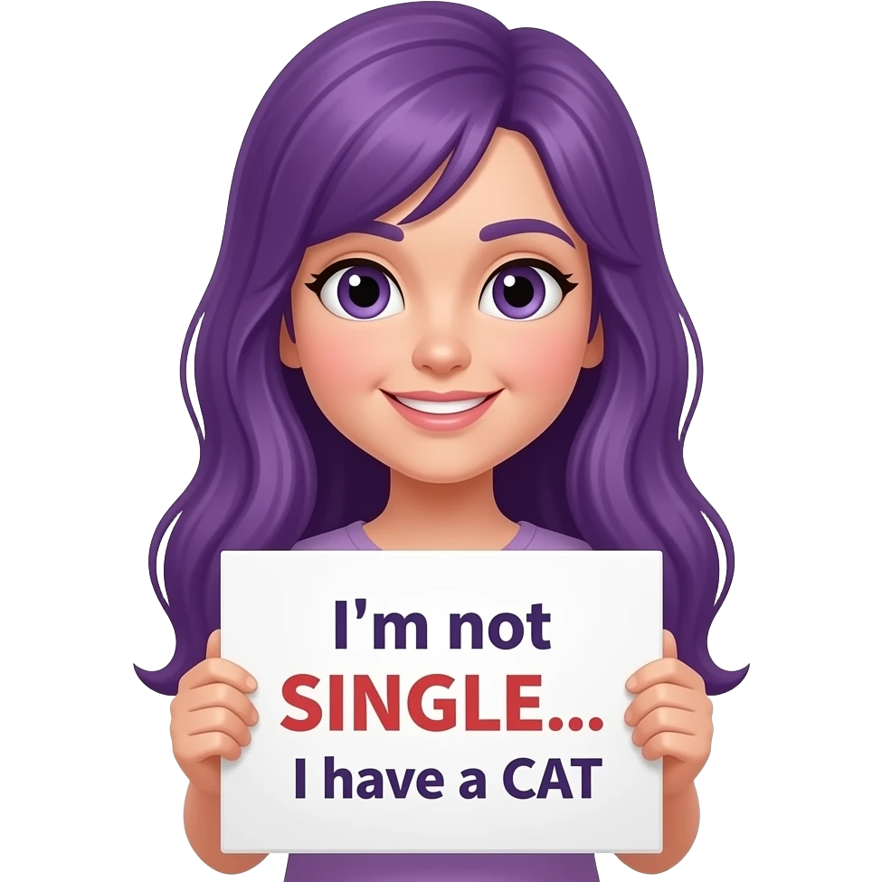 girl with long purple hair with a I'm not SINGLE... I have a CAT sign emoji