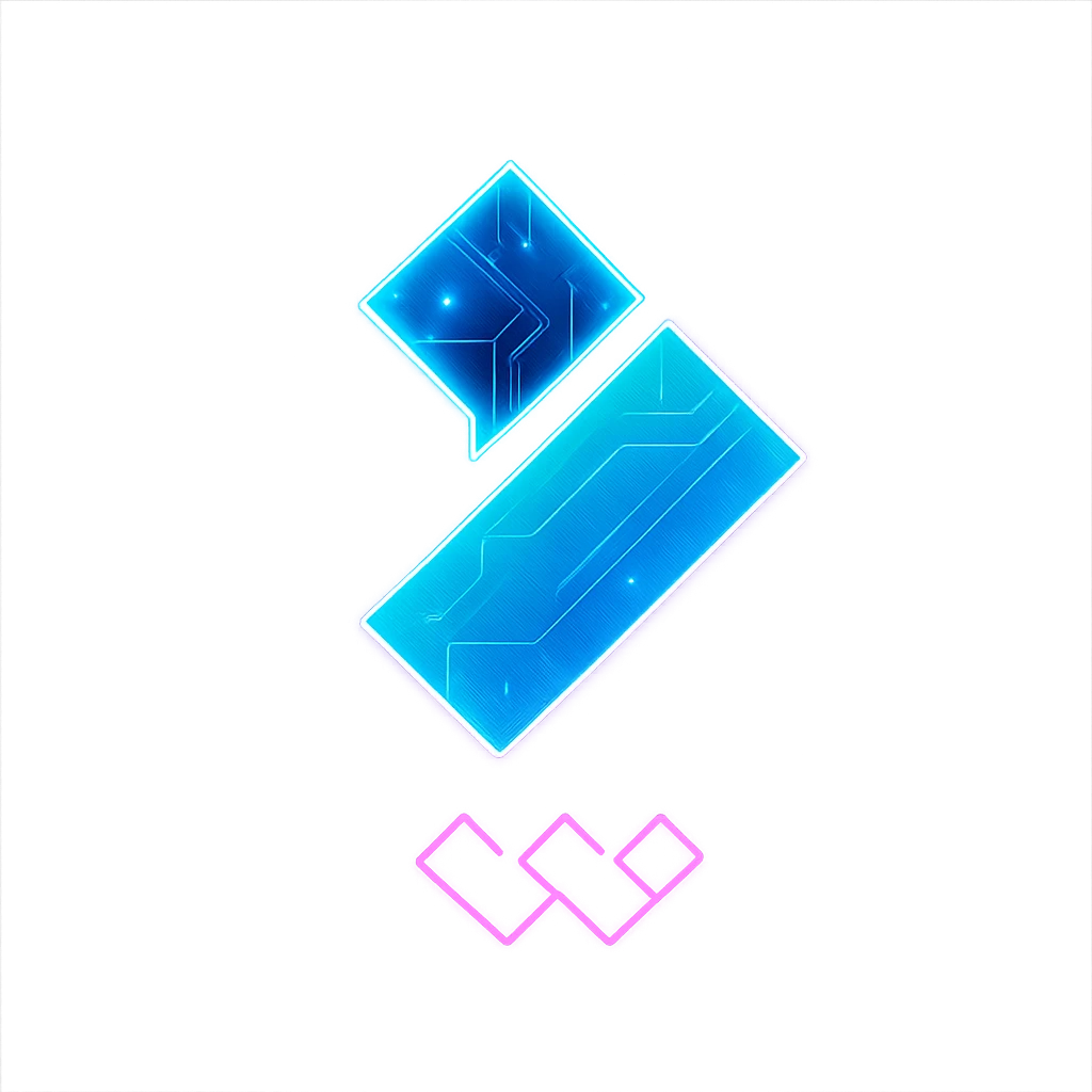 Transform the Wondershare Filmora logo into a cyberpunk style closely matching the folder icon's look. Maintain the exact design, shapes, and colors of the original Filmora logo, but add a strong neon blue and pink glow, holographic circuit patterns, and a luminous effect like the folder. The logo should be bold, filled in, and vibrant, with the cyberpunk flair overlaid on top. Only the area outside the logo should be transparent. Avoid 3D shading and keep the style flat, clean, and futuristic. emoji