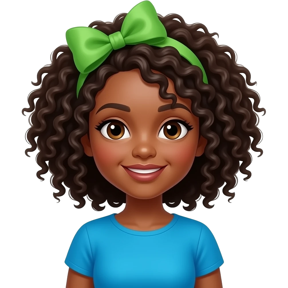 a afro girl with big green bow hair clip and wear a vibrant blue dress emoji