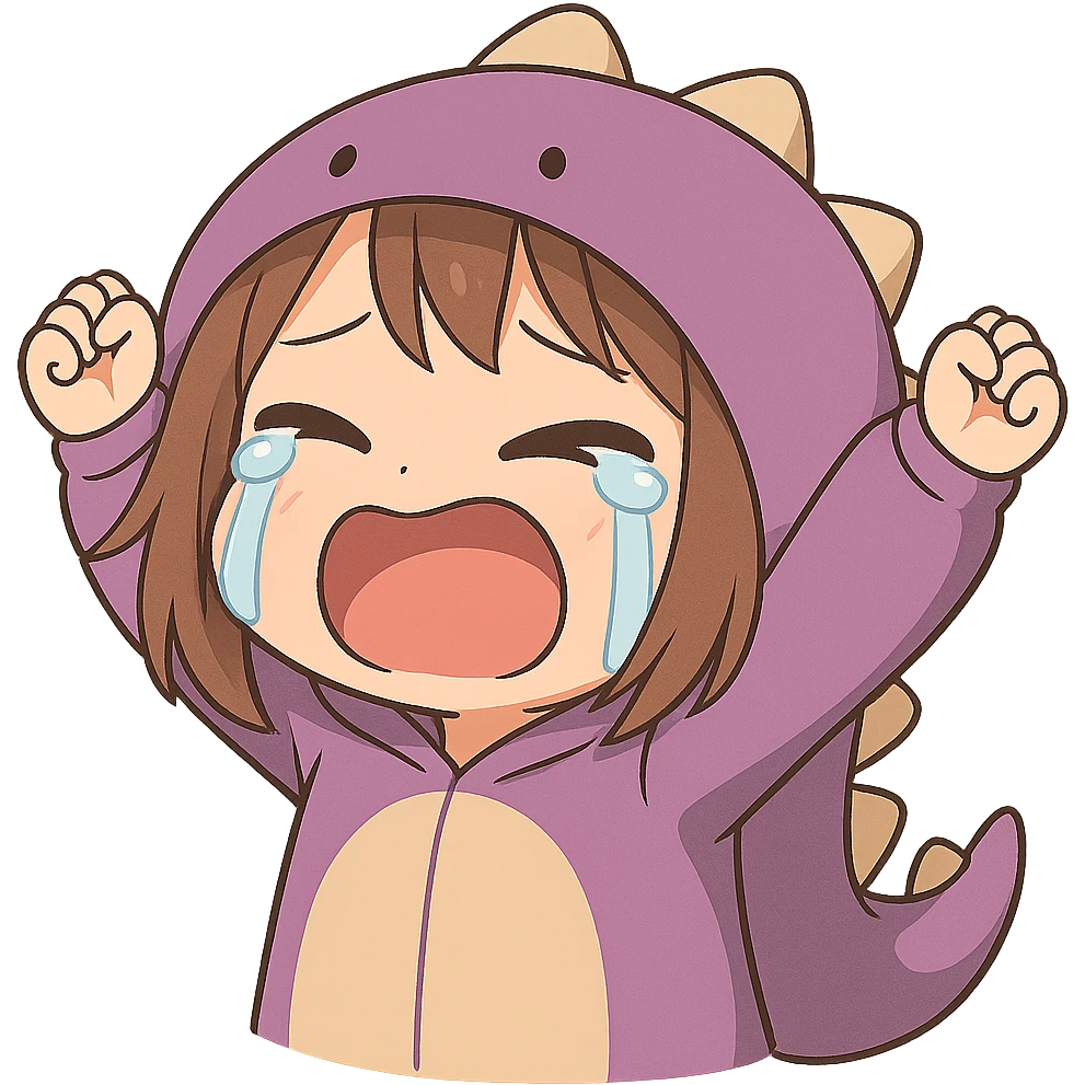 Chibi anime style gamer girl with glasses, brown hair, dark purple eyes, wearing a purple dinosaur costume, new pose with arms up in excitement, making a crying expression, no controller, no background, same style as reference. emoji